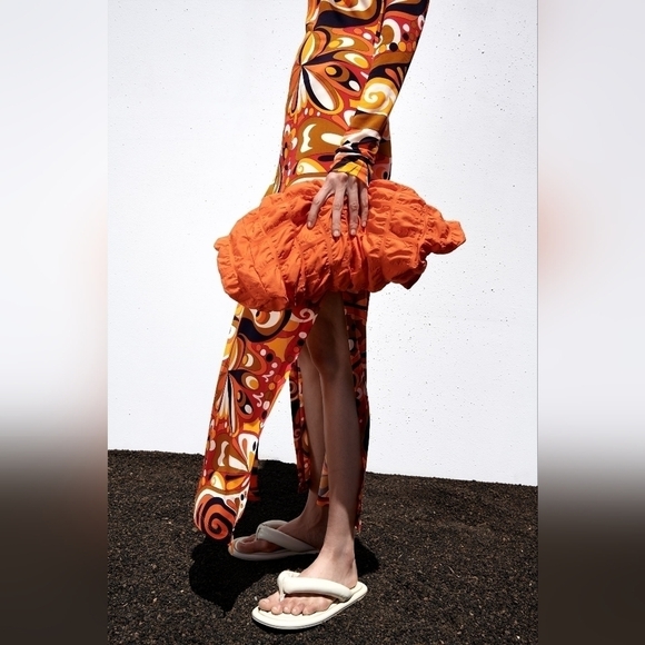 Zara Goovy Multicolored Mod 1970s Style Slit Sides Maxi Dress Long Sleeve Size S - Picture 11 of 16